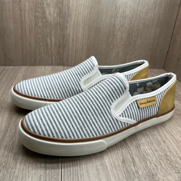 Tommy Bahama Striped Canvas Slip On Sneakers Womens 8.5 Flat Low Top White Gray - Picture 10 of 14